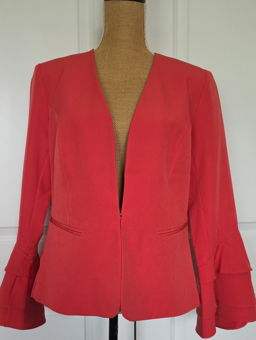 Bar III Coral Red Ruffle-Sleeve Open Front Blazer